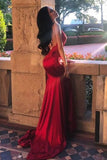 Chic Red Spaghetti Straps Mermaid V Neck Prom Dresses with Appliques, Formal Dresses SJS15571