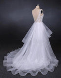 Elegant V-neck Tulle Open Back Wedding Dresses, Asymmetrical Long Bridal Dresses SJS15217