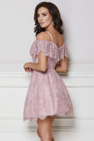 A-Line Cold Shoulder Purple Lace Homecoming Party Dress with Ruffles Prom Dresses SJS14965