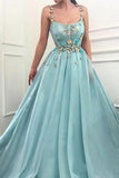 Elegant A Line Spaghetti Straps Tulle Scoop Prom Dresses With Appliques Formal SJSPC4CZXGB
