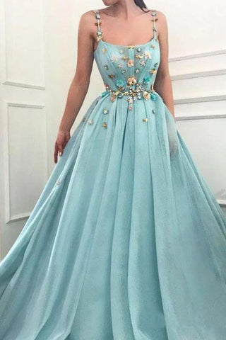 Elegant A Line Spaghetti Straps Tulle Scoop Prom Dresses With Appliques Formal SJSPC4CZXGB