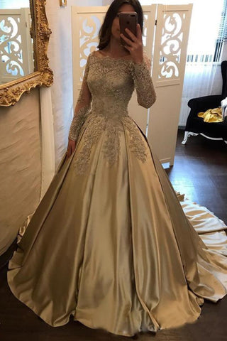 Off The Shoulder Long Sleeves Satin Ball Gown Prom Dresses With Applique Sweep Train