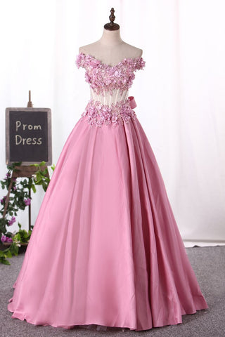 New Arrival Prom Dresses Off The Shoulder Satin With Appliques And Handmade Flowers