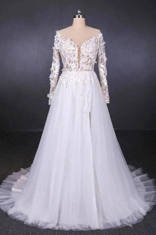 Long Sleeves White A-line Tulle Beach Wedding Dresses with Lace Appliques, Bridal Dress SJS15255