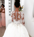 Modest Tulle Lace Long Sleeve Ball Gown Sheer Back Scoop Appliques Wedding Dress