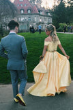 Elegant Two Pieces Yellow Off the Shoulder Prom Dresses Satin Appliques Party Dresses SJS15210