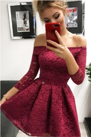 Off-The-Shoulder 3/4 Sleeves Lace Homecoming Dress