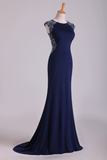 New Arrival Scoop Evening Dresses Cap Sleeves Chiffon Sheath With Applique