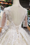 Ball Gown Wedding Dresses Scoop Half Sleeves Appliques 2 Meter Train