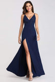 Sexy V Neck Long Spaghetti Straps Mermaid Navy Blue Prom Dresses with High Split SJS15366