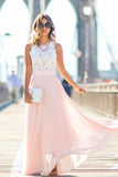 Modest Chiffon Long Blush Pink White Lace A-Line High Neck Floor-Length Prom Dresses JS192