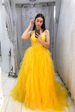 Tulle Spaghetti Straps Yellow Ruffles Evening Dresses A Line Long Prom Dresses