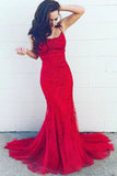 Mermaid Lace Appliques Red Spaghetti Straps Evening Dresses Long Prom Dresses