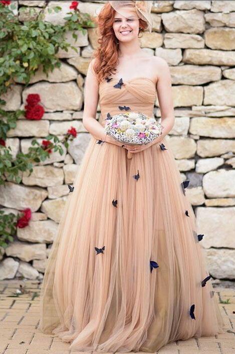 A-Line Strapless Sweetheart Lace up Prom Dress Tulle Sleeveless Ruffles Wedding Dresses UK JS336