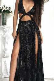 2024 Charming Sexy Sequin Sparkly Simple Rose Gold and Black Split Fashion Prom Dresses JS452