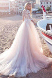 Tulle Scoop Neckline Pink A-line Lace Appliques Long Sleeves Bowknot Wedding Dresses JS311