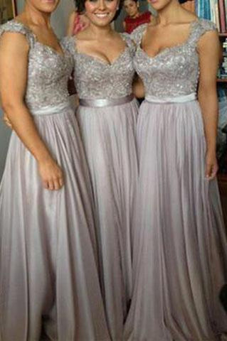 Lace Grey Long Chiffon Sexy Sweetheart Cap Sleeve A-Line Lace up Appliques Bridesmaid Dresses JS46