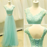 Mint Lace Cap Sleeve Sweetheart Lace A Line Tulle Green Floor Length Prom Dresses
