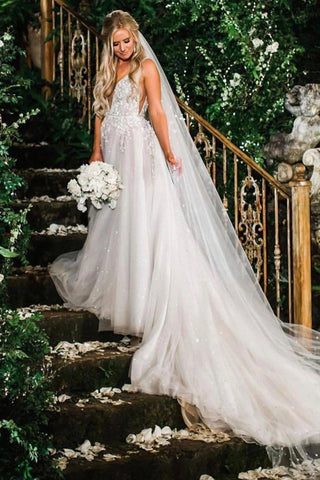 Elegant A Line Illusion Beads V Neck Tulle Long Backless Wedding Dresses, Prom Dresses SJS15510