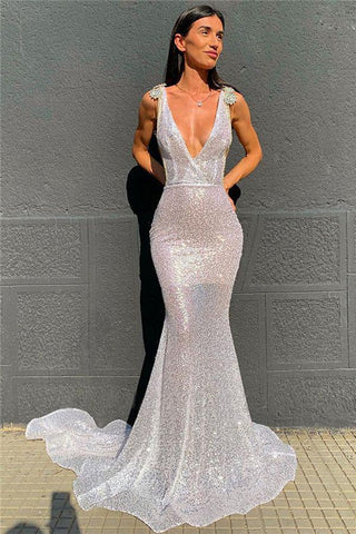 Sexy Deep V Neck Sequined Prom Dresses, Stunning Backless Mermaid Evening Dresses SJS15595