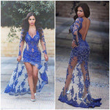 Royal Blue with Long Sleeves Lace Applique Sheer Split V-Neck Backless Sexy Prom Dresses JS48