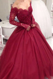 Long Sleeves Tulle Prom Dresses A Line With Applique And Beads