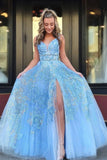 Elegant A Line Lace Appliques Blue V Neck Prom Dresses, Long Evening SJS15635