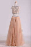 Two Pieces Bateau Beaded Bodice Prom Dress A Line Tulle Floor Length
