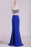Spaghetti Straps Two Pieces Sheath Prom Dresses Spandex With Slit And Beads