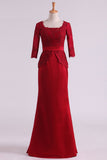 Burgundy Mother Of The Bride Dresses Square 3/4 Length Sleeve With Applique Satin