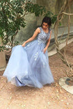 Unique Blue Tulle Appliques Beading Prom Dresses, Charming Formal Dresses SJS15456