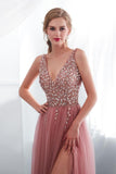Beading V Neck High Split Tulle Sweep Train Sleeveless Evening Gown With Sequins