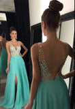 Modest sparkly crystal beaded v-neck open back long chiffon pageant slit Prom Dresses JS846