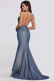Sexy V Neck Halter Blue Backless Prom Dresses, Cheap Long Party Dresses SJS15365