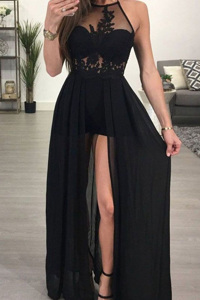 Sexy Black Long Prom Dresses With Appliques Slit Dresses
