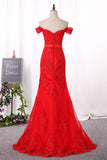 Red Mermaid Prom Dresses Off The Shoulder Tulle With Applique Covered Button
