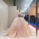 Pink Lace Applique Beads Ball Gown Quinceanera Dress Wedding Dress JS620