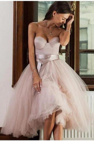 A-Line/Princess Tulle Sash/Ribbon/Belt Sweetheart Sleeveless Tea-Length Homecoming Dresses