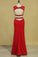 Red Two-Piece Scoop Sheath With Applique And Beads Spandex Prom Dresses