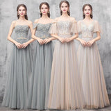 Elegant Off Shoulder Floor Length Tulle Prom Dress, Lace up Bridesmaid Dresses SJS15185
