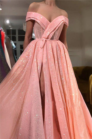 A Line Pink Sequins Off the Shoulder Prom Dresses with Split, V Neck Dance Dresses SJS15013