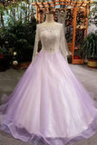 A-Line Tulle Prom Dresses Lace Up With Bling Bling Beaded Bodice Full Sleeves Open Back