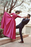 A Line Prom Dresses Scoop Long Sleeves Satin With Applique Sweep Train