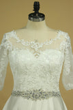 Plus Size Mid-Length Sleeve Wedding Dresses Scoop Satin With Applique