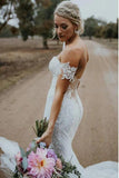 Charming Ivory V Neck Mermaid Strapless Lace Appliques Wedding Dresses, Bridal Dresses SJS15506
