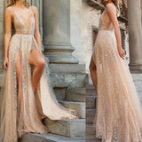 Sexy Lace Spaghetti Straps Backless V Neck Long Prom Dress with High Split SJS15335