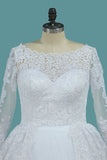 Long Sleeves Ball Gown Wedding Dresses Bateau Tulle & Satin With Applique