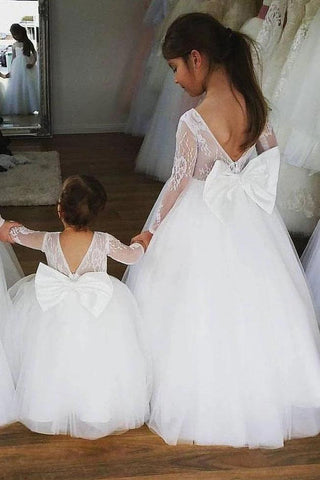 Ball Gown Lace Long Sleeves Flower Girl Dress With Bowknot Back, Round Neck Baby Dresses SJS15058