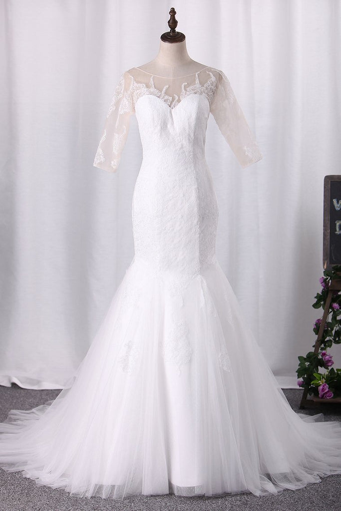 Sexy Mermaid Wedding Dresses Scoop Half Sleeves Tulle With Applique Open Back