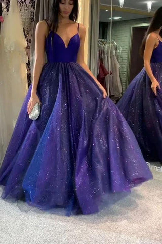 Sparkly Dark Royal Blue Spaghetti Straps V Neck A line Prom Dresses, Formal SJS20479